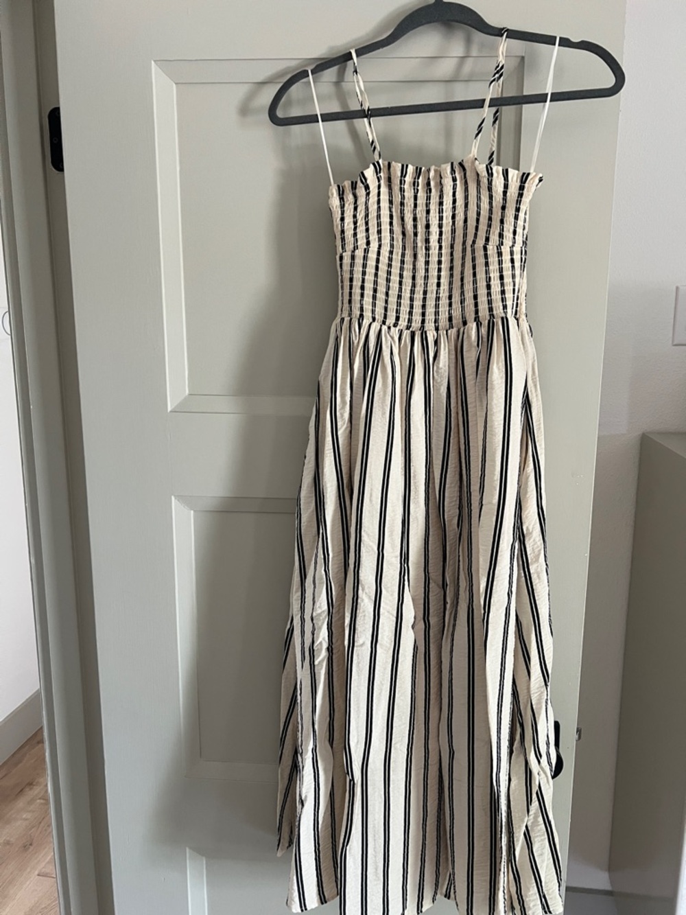 Striped Black and Cream Maxi Dress with Smocked Bodice